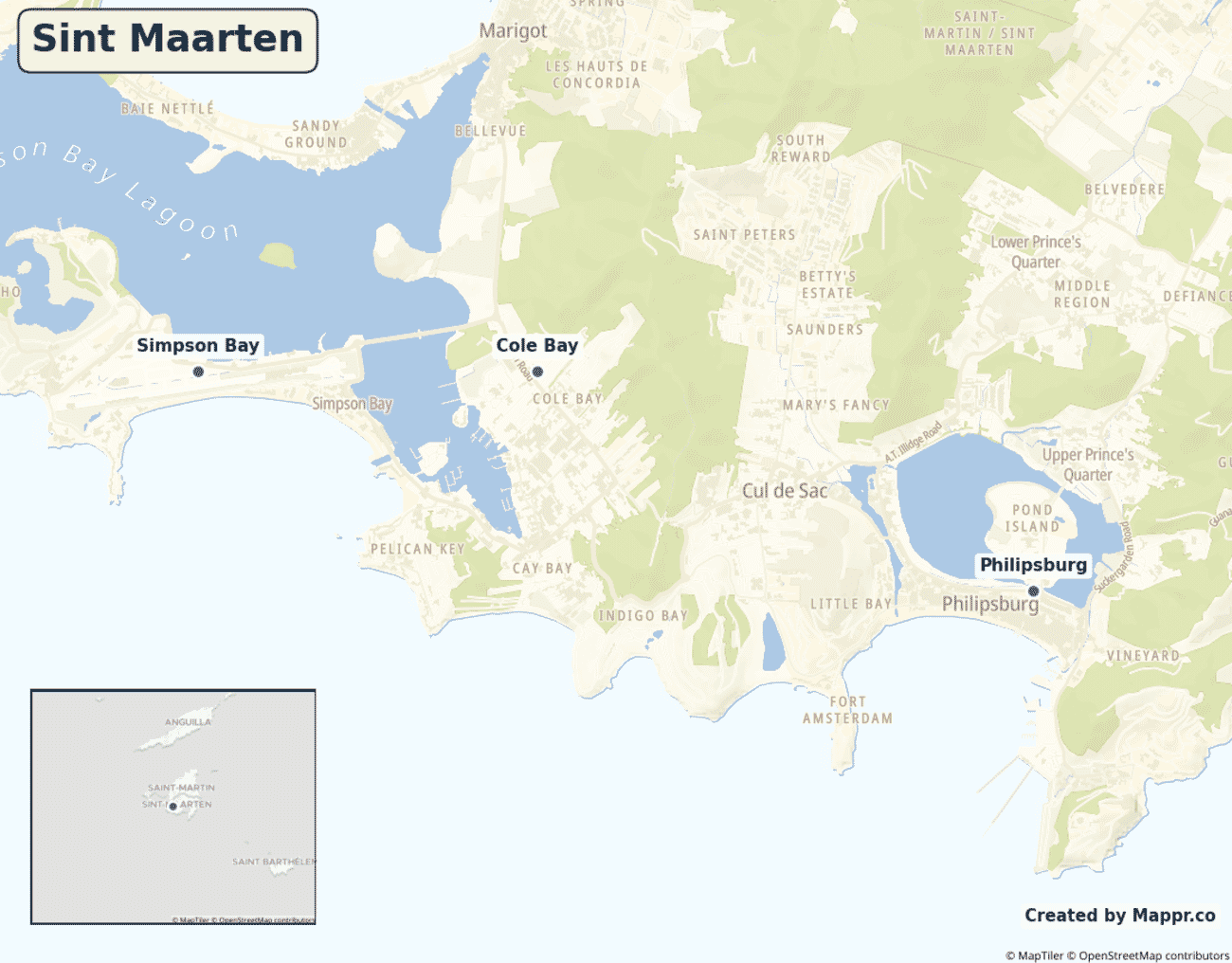 Detailed map of Sint Maarten showing its main towns
