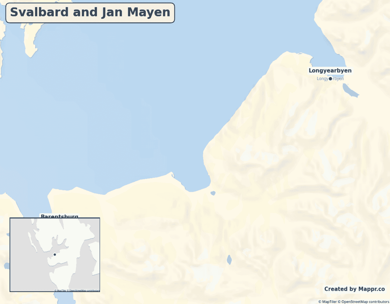 Detailed map of Svalbard and Jan Mayen showing its main towns