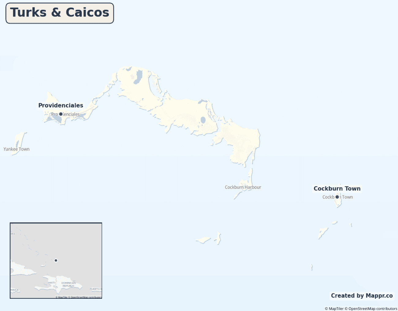 Map of the Turks and Caicos Islands showing its largest cities