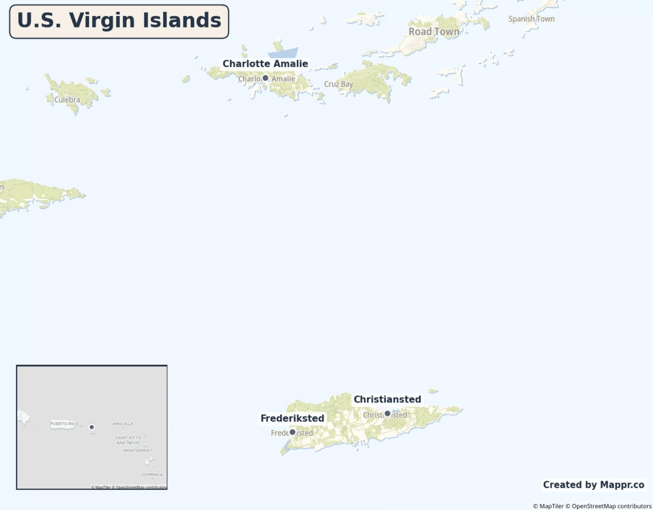 Map of the US Virgin Islands showing its largest cities