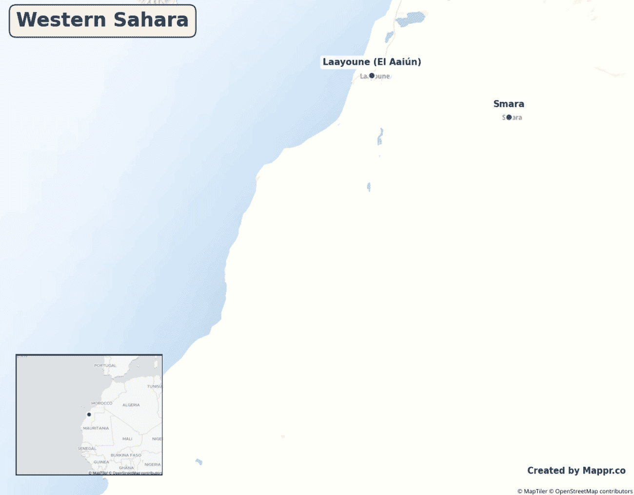Detailed map of Western Sahara showing its main towns