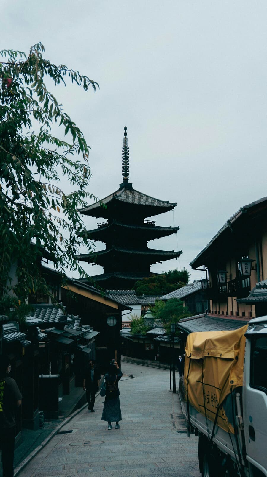 The five-tiered Yasaka Pagoda rises above the traditional streets of Kyoto's Higashiyama district.