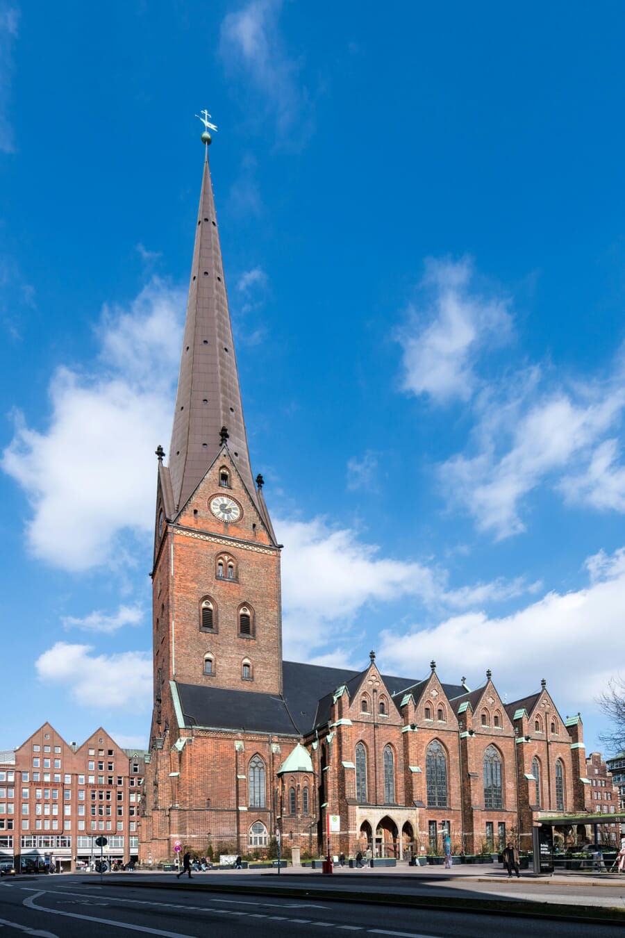 St. Petri (Hauptkirche Sankt Petri), Hamburg — red-brick Gothic church with its tall copper spire and clock