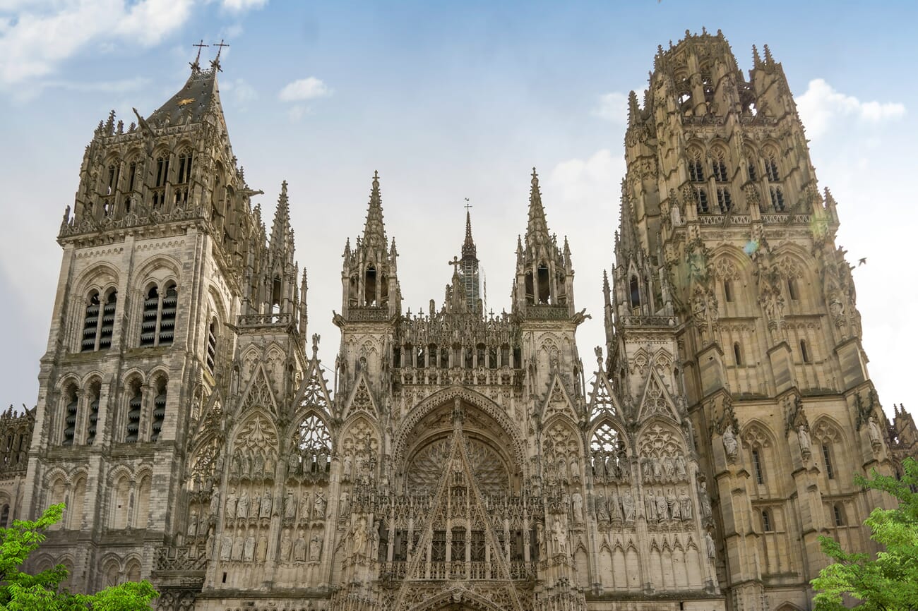 Rouen Cathedral façade with its clock and towers, Rouen, France