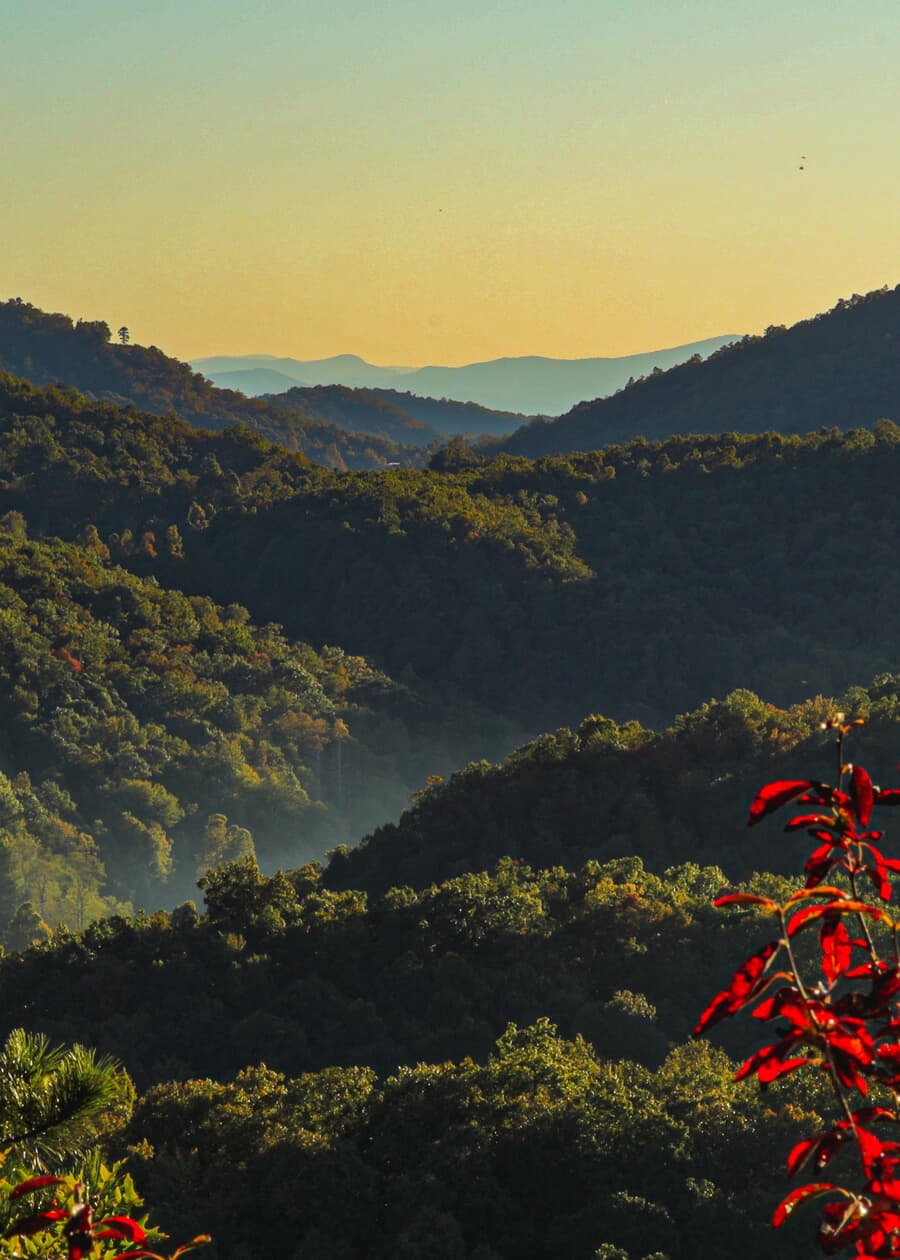 Autumn color layers the Blue Ridge Mountains outside Asheville, North Carolina