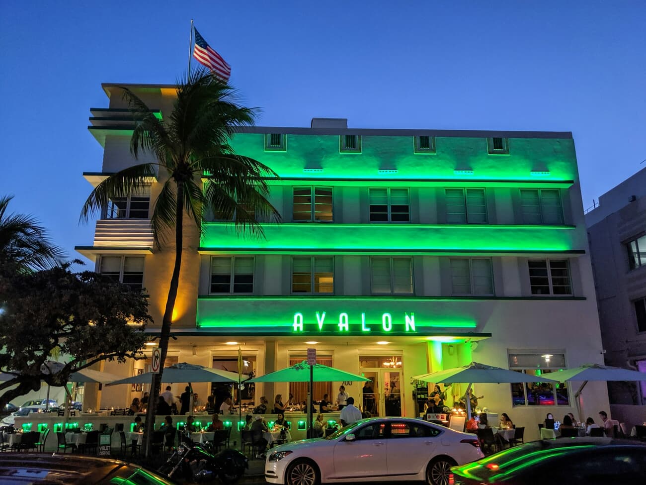 Neon lights up an Art Deco hotel on Ocean Drive in Miami's South Beach