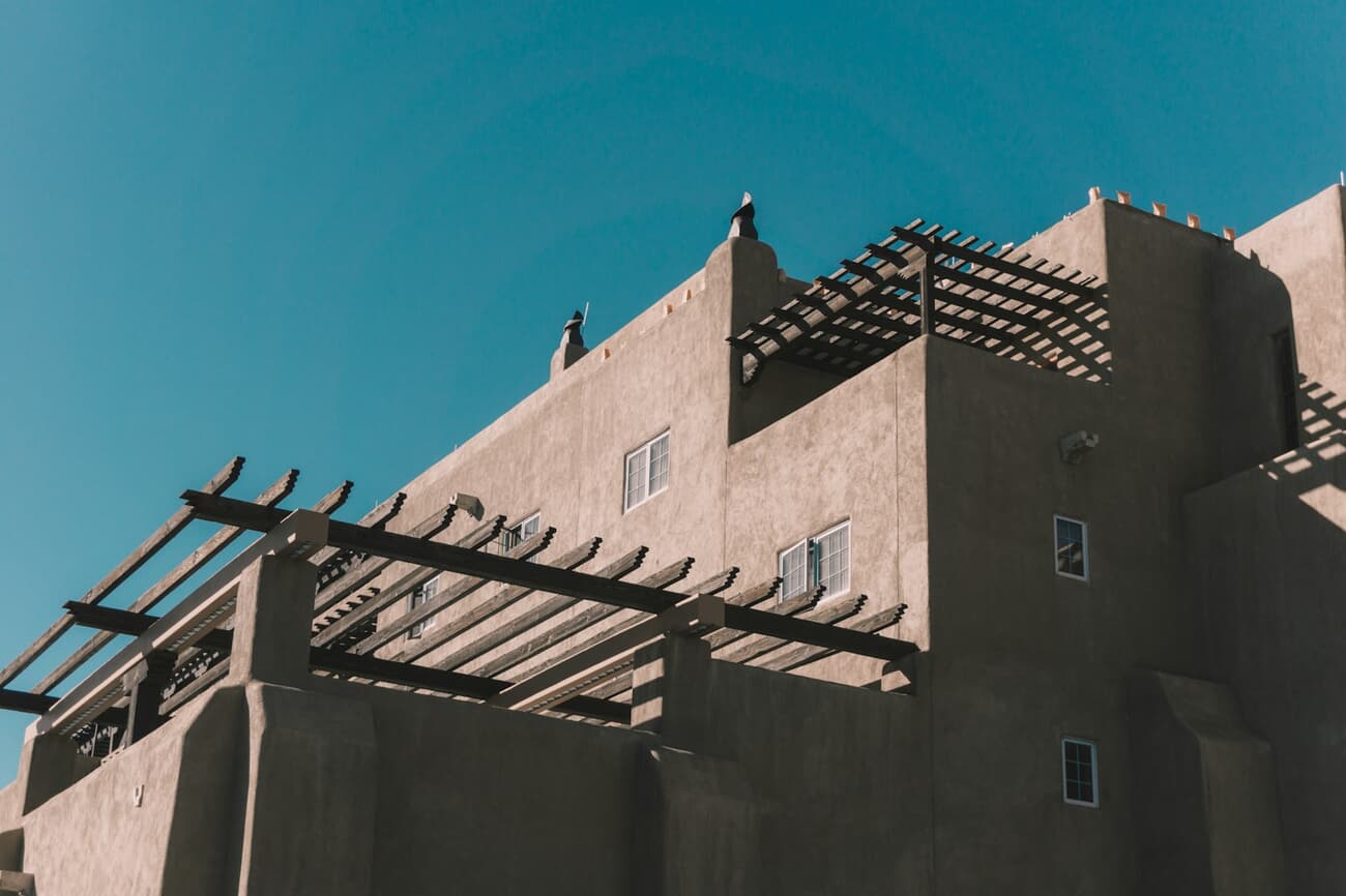Adobe walls and wooden vigas glow in the New Mexico light in Santa Fe