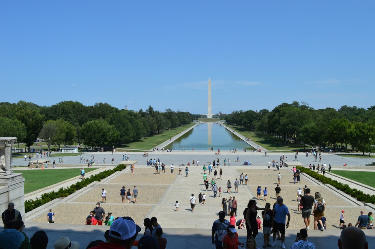 The National Mall stretches from the Lincoln Memorial toward the Washington Monument in Washington, D.C