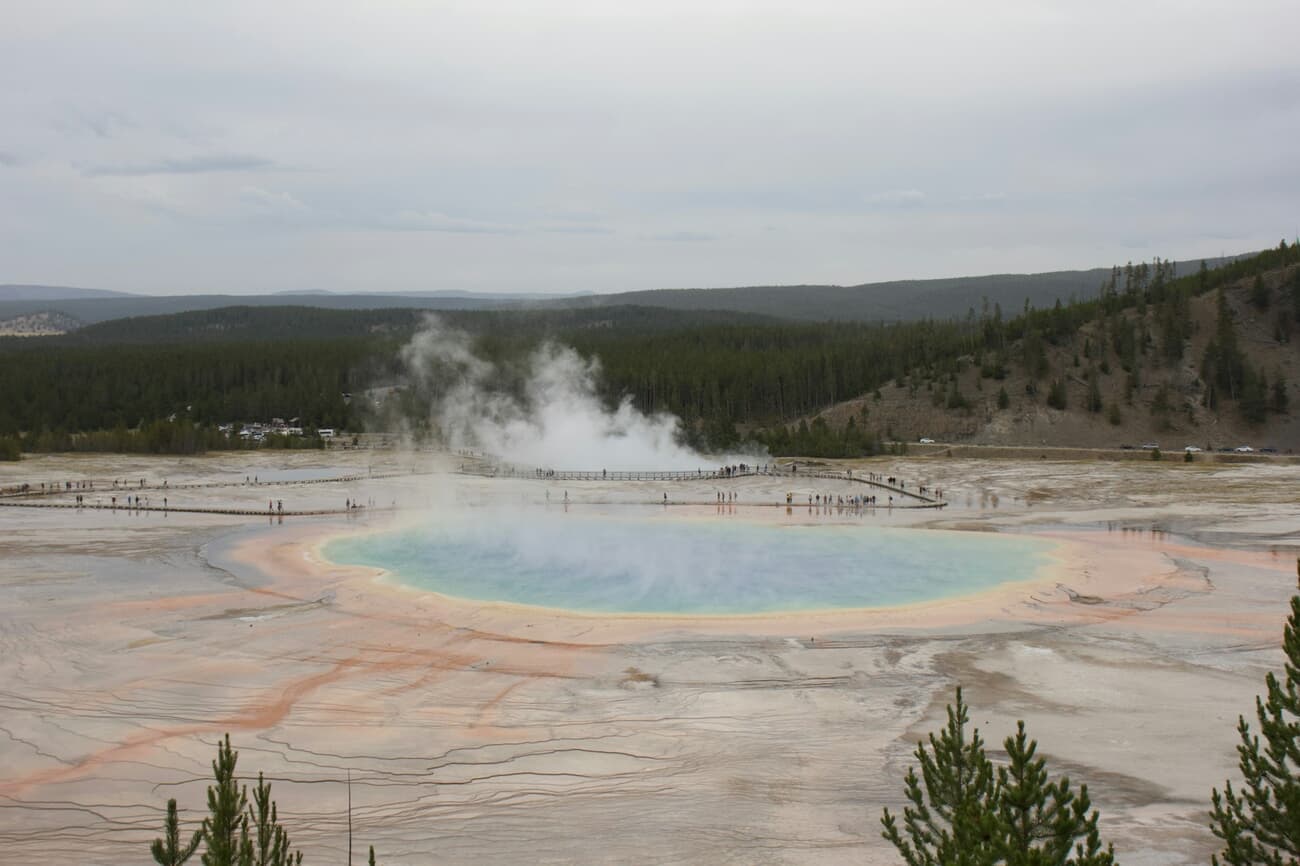 Steam rises off Grand Prismatic Spring in Yellowstone, the largest hot spring in the United States