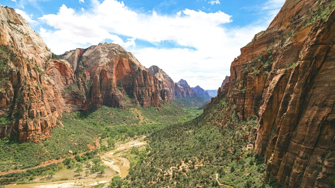 Zion Canyon opens up below the Angels Landing route in Zion National Park, Utah