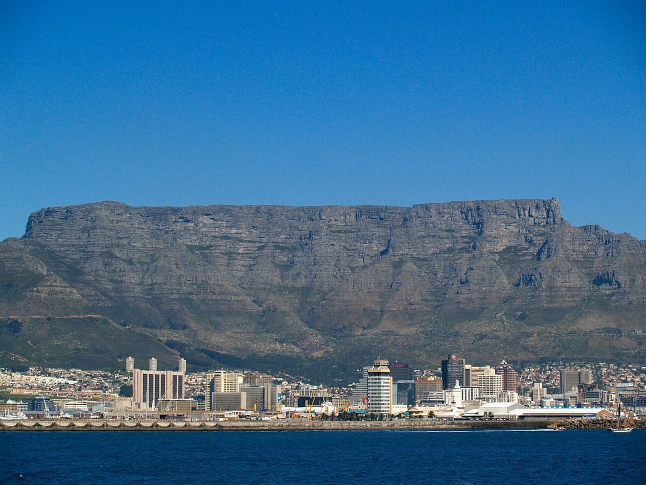 Table Mountain looms over the Cape Town waterfront in South Africa