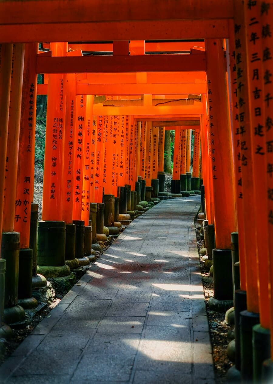 Vermilion torii gates tunnel up the hillside at Fushimi Inari Shrine in Kyoto, Japan