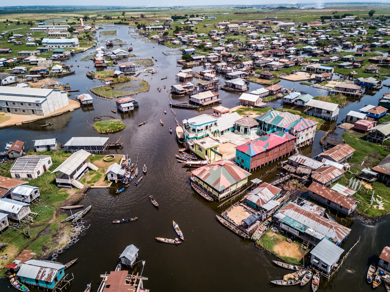 Aerial view of a stilt village on a lake in Benin