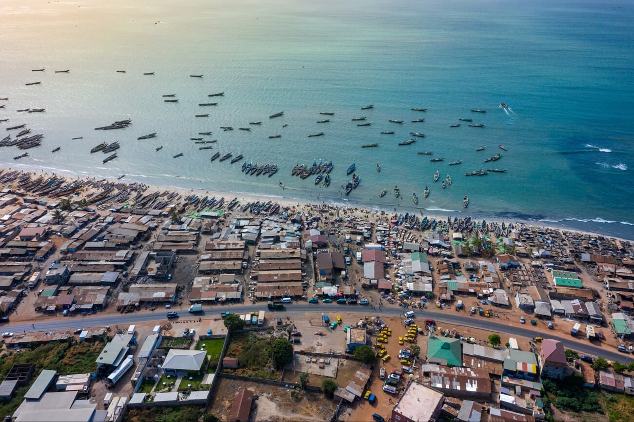 Aerial view of the fishing village of Tanji on the Gambian coast