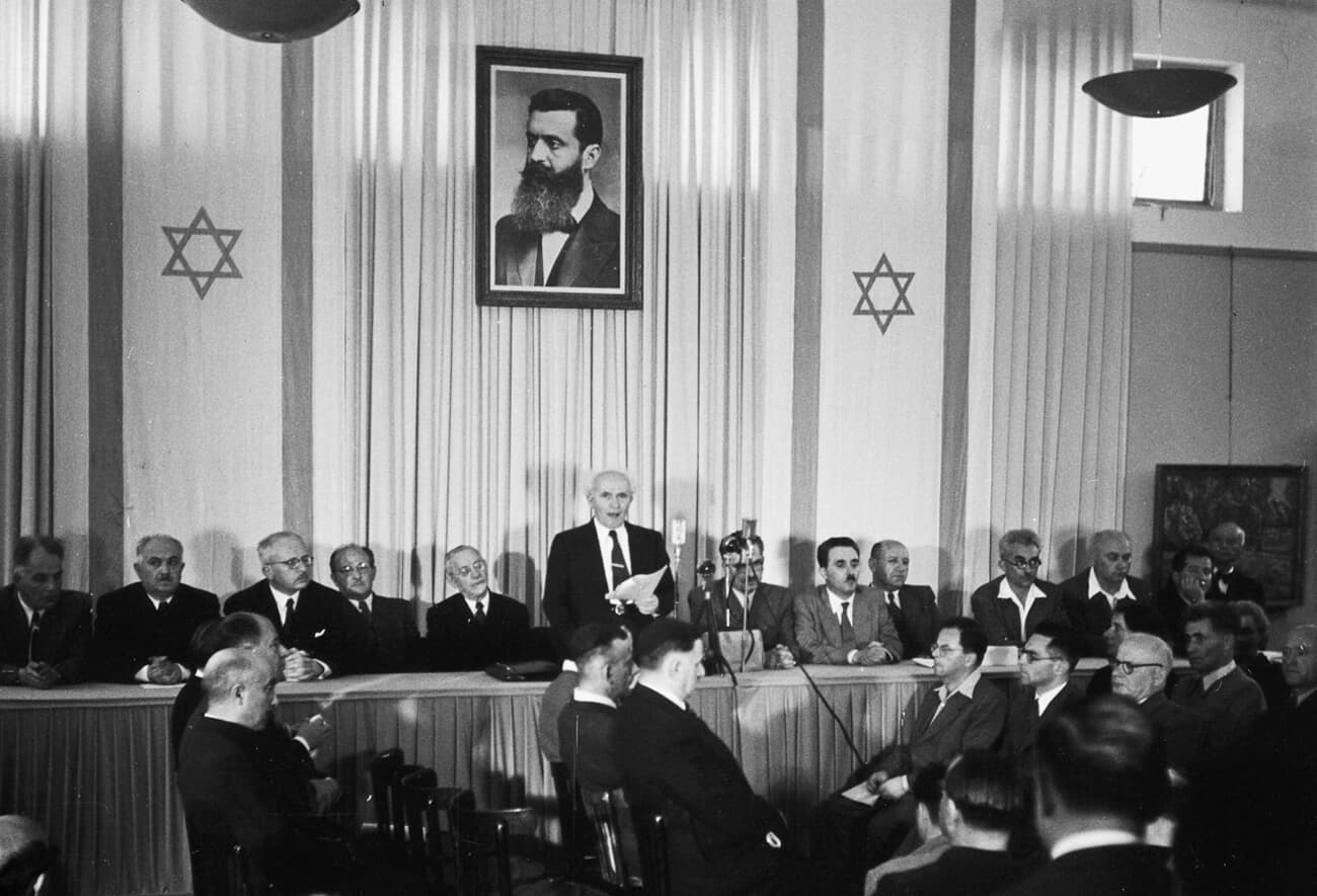 David Ben-Gurion proclaiming the establishment of the State of Israel in Tel Aviv, May 14, 1948