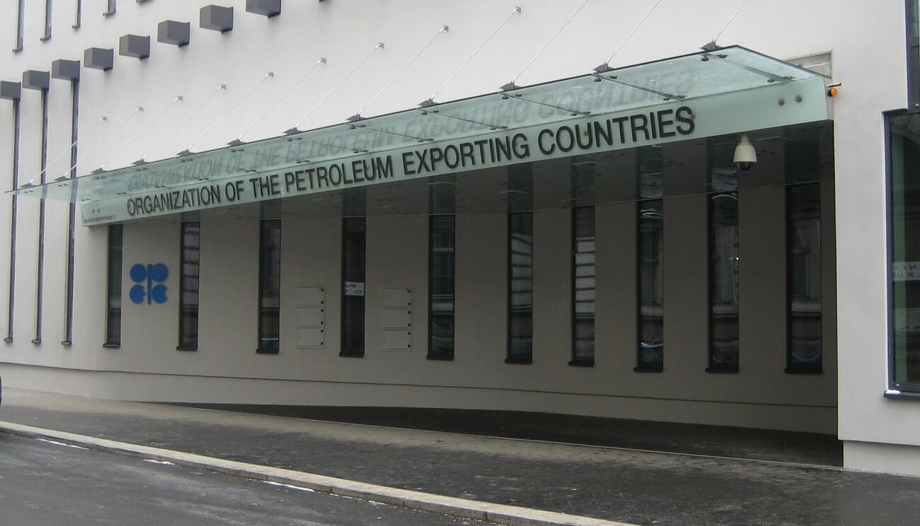 The OPEC headquarters building in Vienna, Austria, with the organization name on the facade