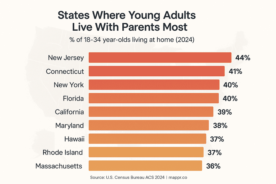 Bar chart showing the top 10 US states where young adults live with their parents, led by New Jersey at 44%