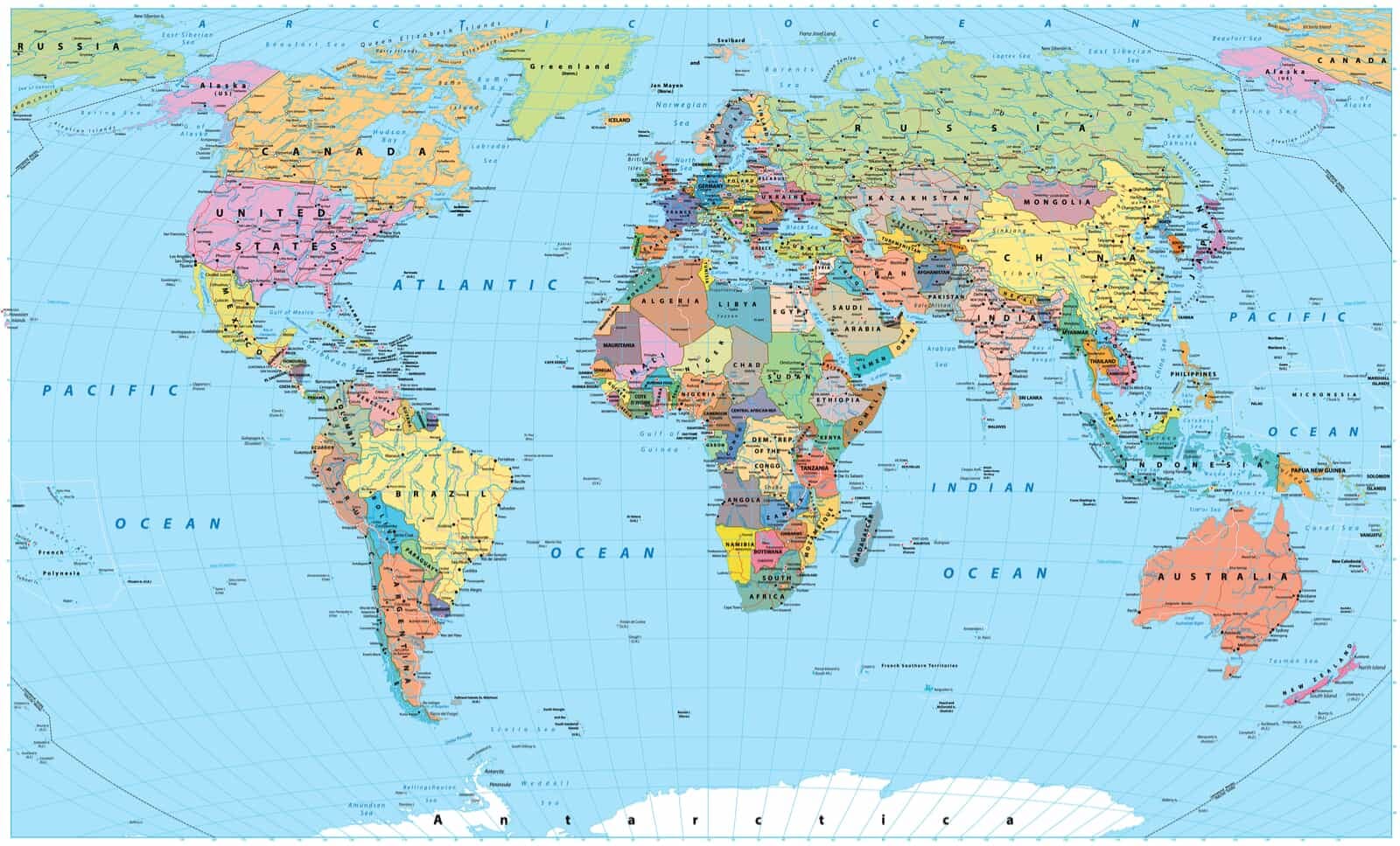 This is a hand painted Modern Map of the World, Political Map of the