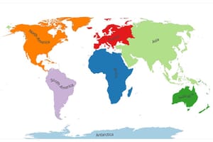 A simplified world map image with continents in different colors; North America is orange, South America purple, Africa blue, Europe red, Asia green, Australia brown, and Antarctica labeled.