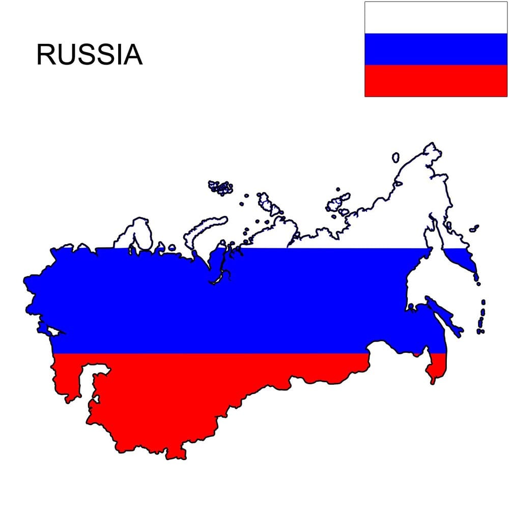 Digital network displaying the colors of the russian flag on the russia map