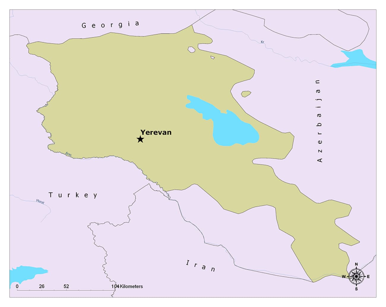 The map displays Armenia in light yellow, labels surrounding countries, and marks capital Yerevan with a black star.