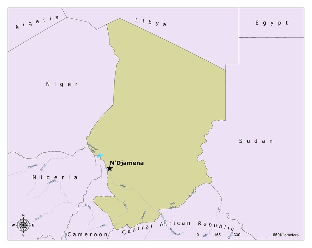 Map of N'Djamena, the capital city of Chad.