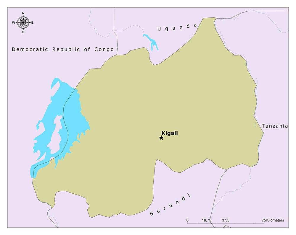 The capital city of Rwanda, Kigali, on the map with neighboring countries.