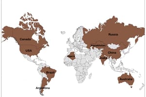 A map shows the largest countries by land area, such as Canada, USA, Brazil, Russia, China, India, and Australia.