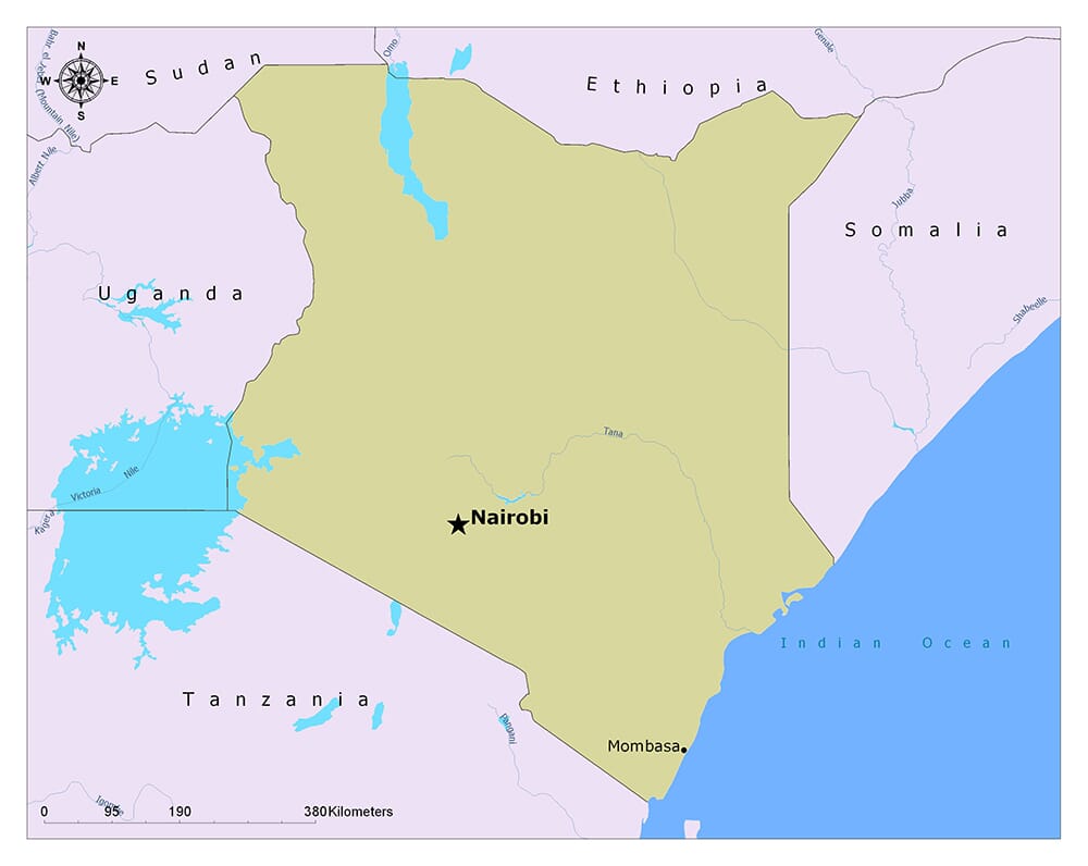 Nairobi, the capital of Kenya on a map of Kenya.