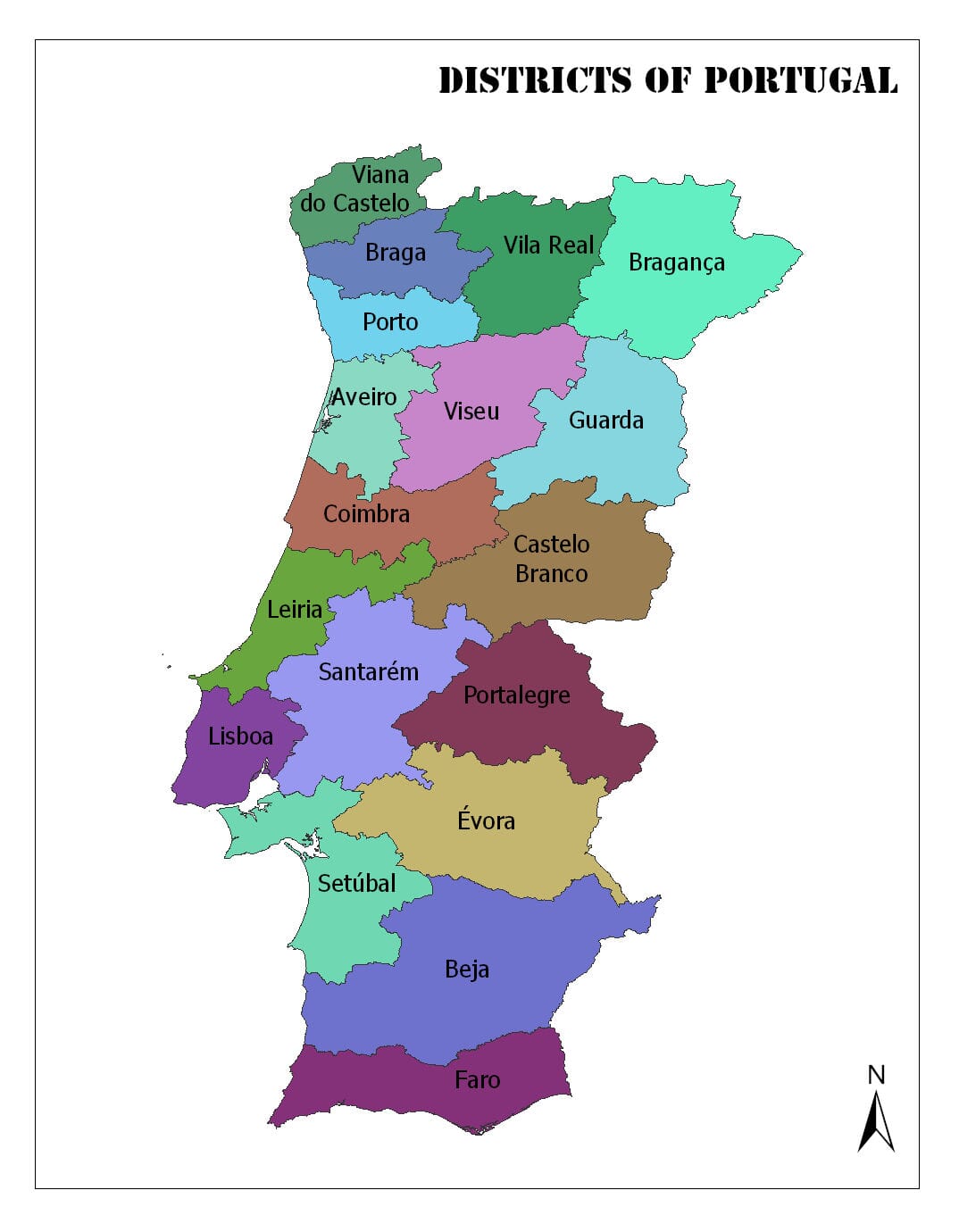 Districts of Portugal. Map of Regional Country Administrative