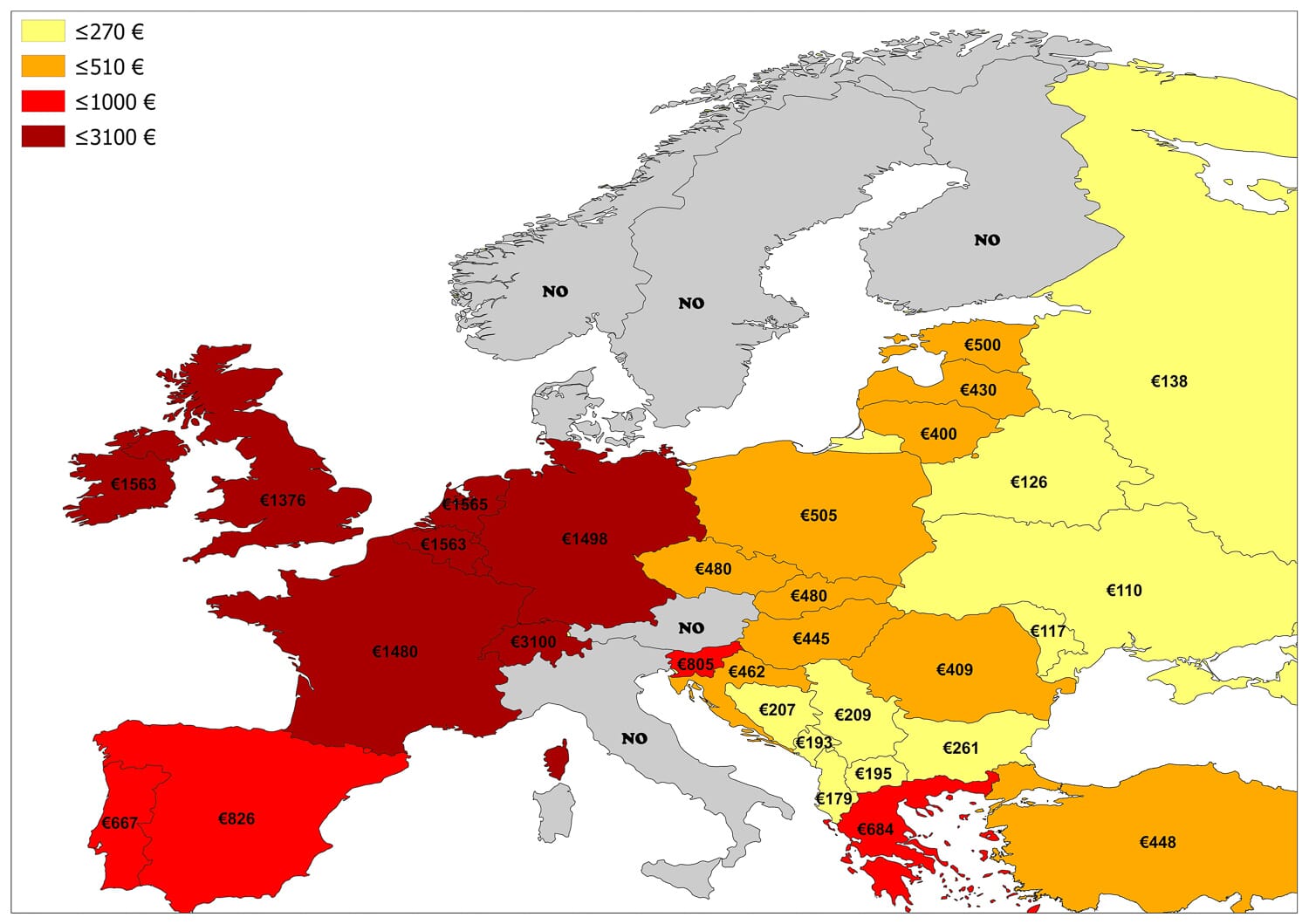 Monthly Minimum Wage by European Countries Mappr