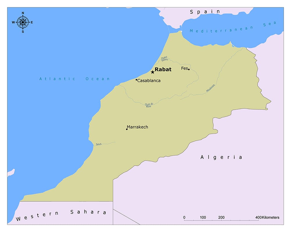 A political map showing the location of Rabat, the capital of Morocco, along with other important cities and national borders.
