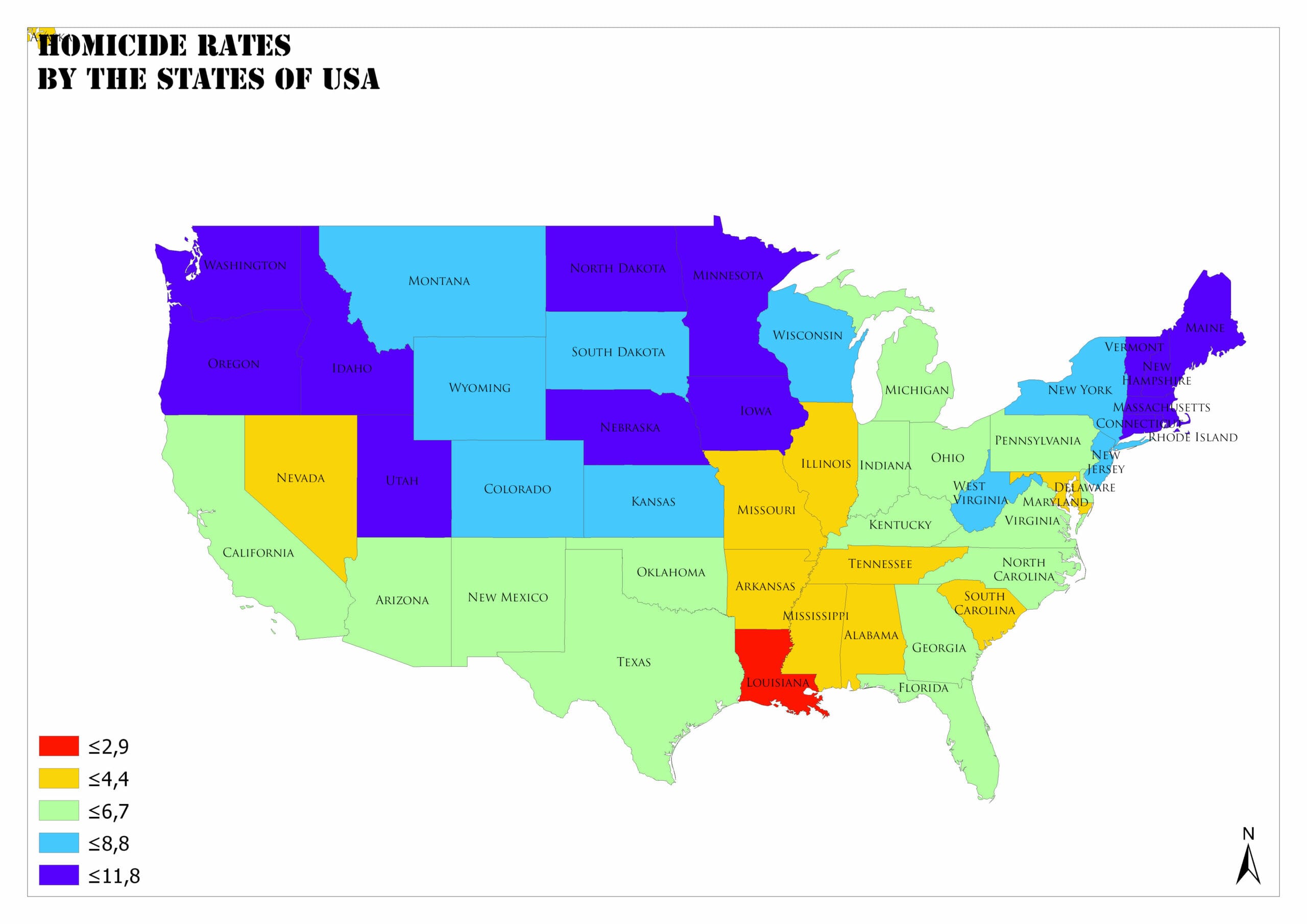 Homicide Rates by the States of USA Mappr