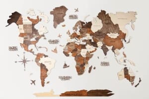 A decorative wooden world map with country outlines hanging on a wall, featuring a variety of wood tones and textures.