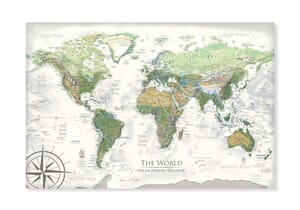 A world map poster showing continents and countries in various colors, with a compass rose and the title "THE WORLD".