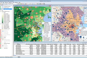 The image is a screenshot of a GIS software, showing two maps, data points, tool panels, and a data table.