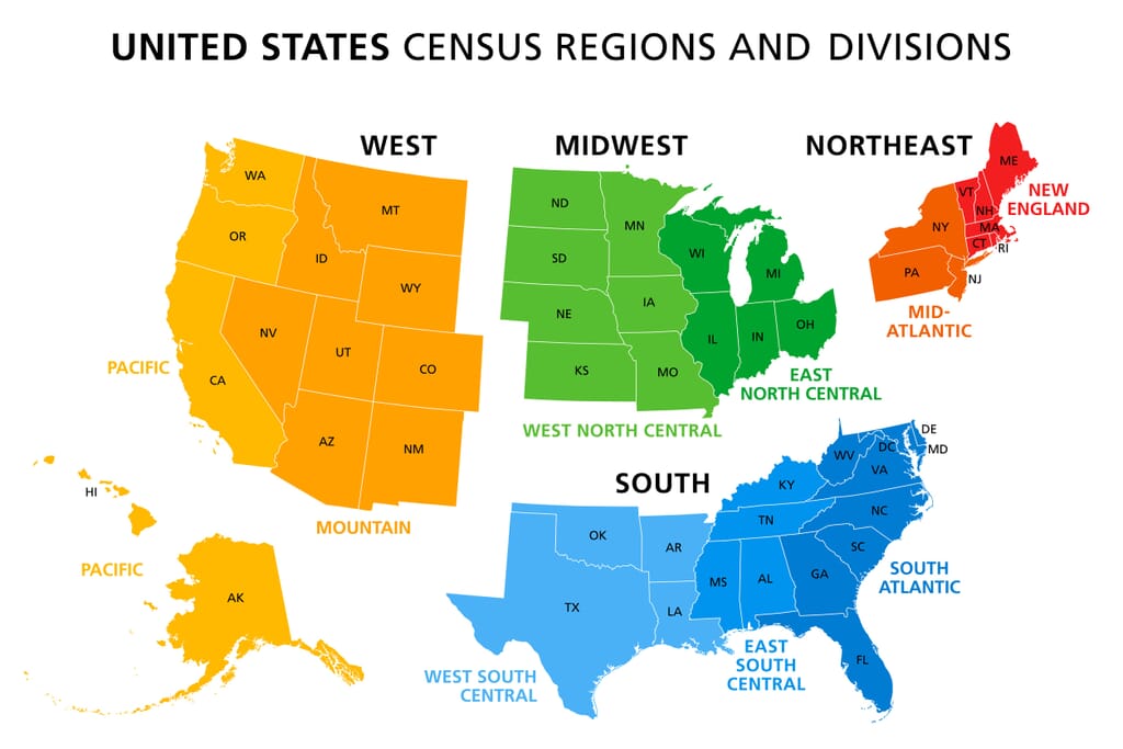 A map displays US Census regions: West (orange), Midwest (green), Northeast (red), South (blue), with sub-divisions labeled.