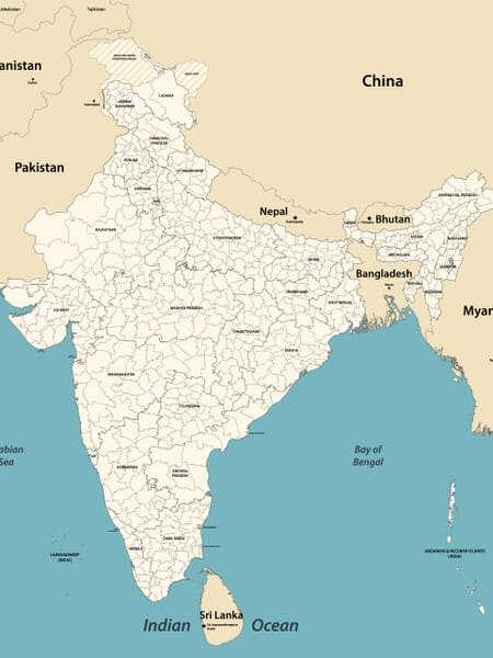 A political map of India showing disputed border areas with Pakistan and China.