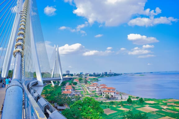A view along the Brazzaville-Kinshasa bridge from the Republic of the Congo. A view along the Brazzaville-Kinshasa bridge from the Republic of the Congo.