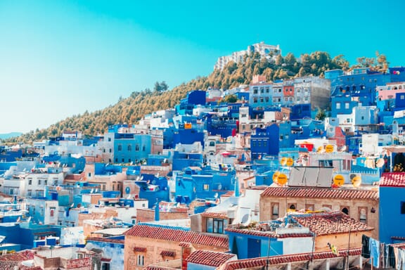 Blue buildings line a hillside backed by trees in Chefchaouen, Morocco.