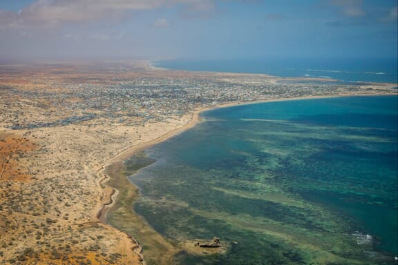An aerial view of the Somalian coast south of Mogadishu.