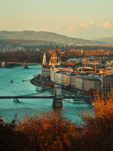 Buildings line the Danube River in Budapest, Hungary. Buildings line the Danube River in Budapest, Hungary.