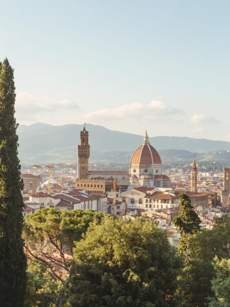 The skyline of Firenze, Italy can be seen through the trees on a sunny day.