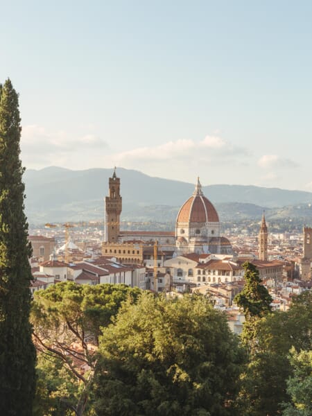 The skyline of Firenze, Italy can be seen through the trees on a sunny day. The skyline of Firenze, Italy can be seen through the trees on a sunny day.