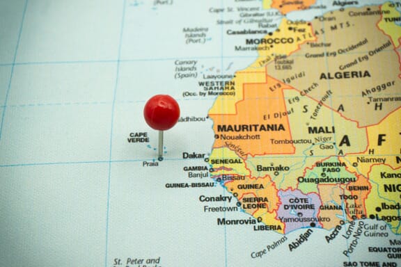 Pin pointing out the Cabo Verde on a map.