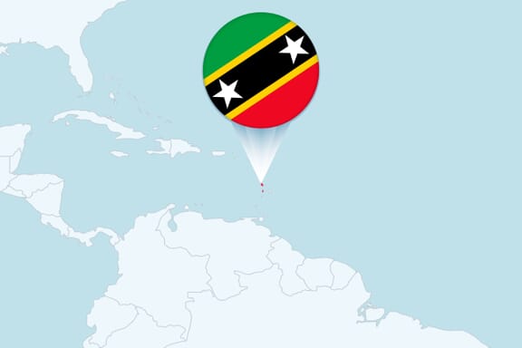 Saint Kitts and Nevis location on Map with flag.