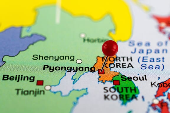 North Korea location on the map pointed out by a pin.