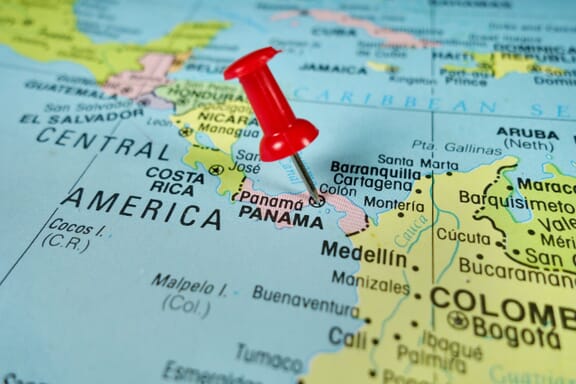 Panama location on the map pointed out by a pin.