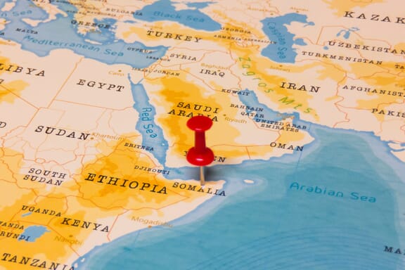 Somalia location on the map pointed out by a pin.