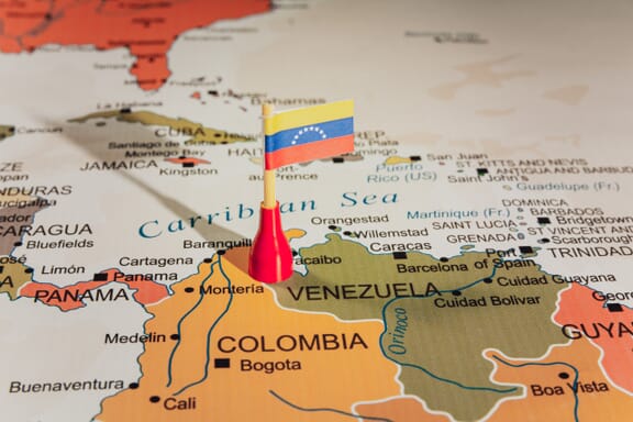 Venezuela location on the map pointed out by a flag pin.